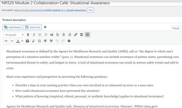 NR520 Module 2 Collaboration Café: Situational Awareness