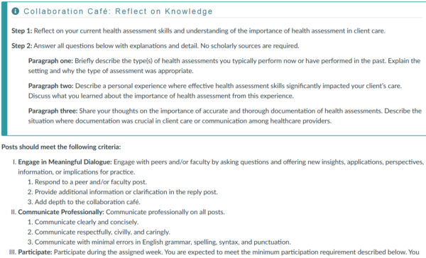 NR305 Week 1 Collaboration Café: Health Assessment Skills