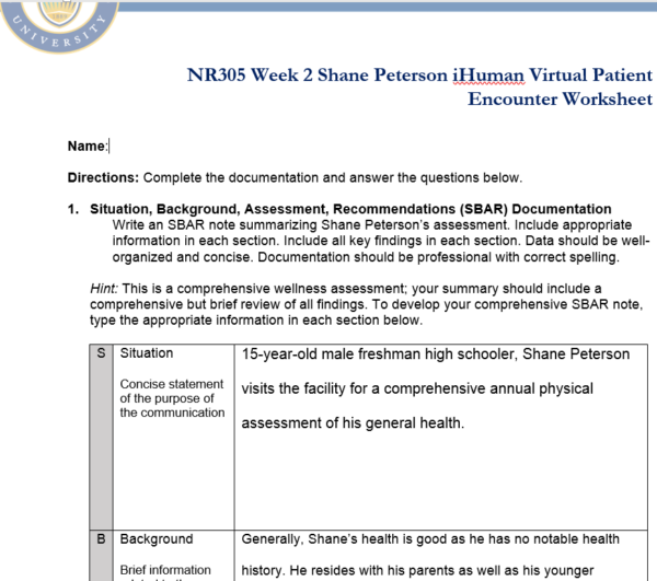 NR305 Week 2 Assignment: Shane Peterson iHuman Virtual Patient Encounter Case