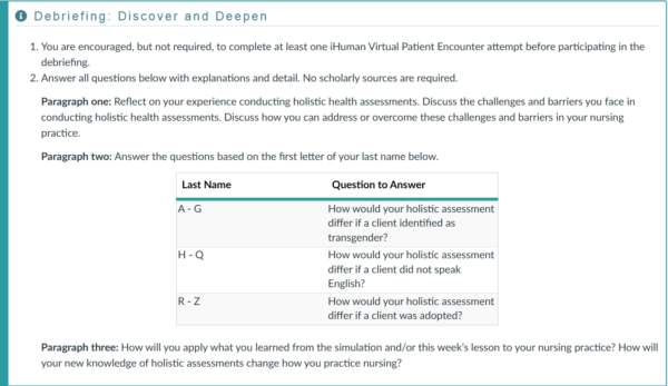 NR305 Week 2 Discussion: iHuman Virtual Patient Encounter Debriefing