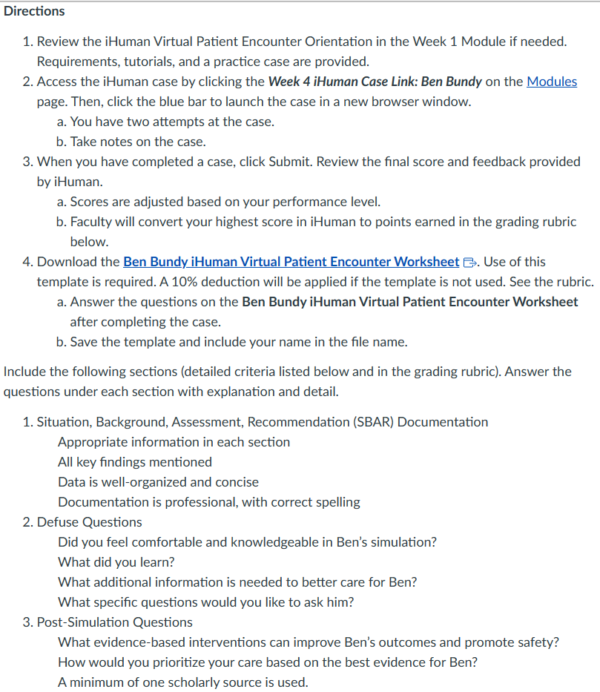 NR305 Week 4 Assignment: Ben Bundy iHuman Virtual Patient Encounter Case