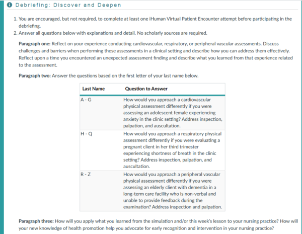 NR305 Week 4 Discussion: iHuman Virtual Patient Encounter Debriefing