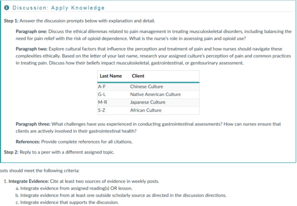 NR305 Week 5 Discussion: Musculoskeletal and Gastrointestinal Assessment