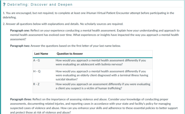 NR305 Week 6 Discussion: iHuman Virtual Patient Encounter Debriefing