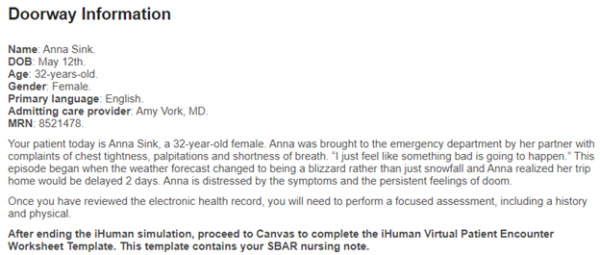 NR305 Week 6 iHuman Case: Anna Sink