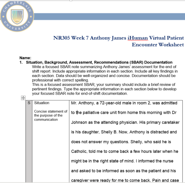 NR305 Week 7 Assignment: Anthony James iHuman Virtual Patient Encounter