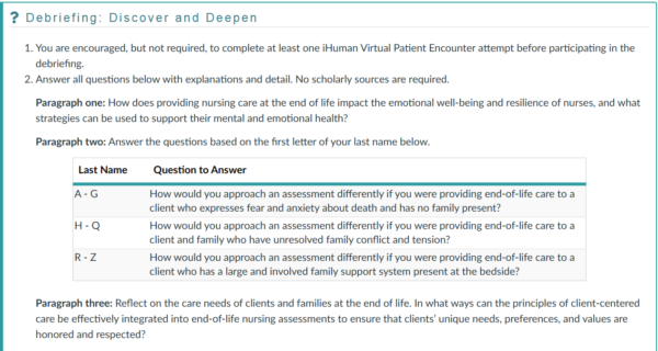 NR305 Week 7 Discussion: Anthony James iHuman Virtual Patient Encounter Debriefing