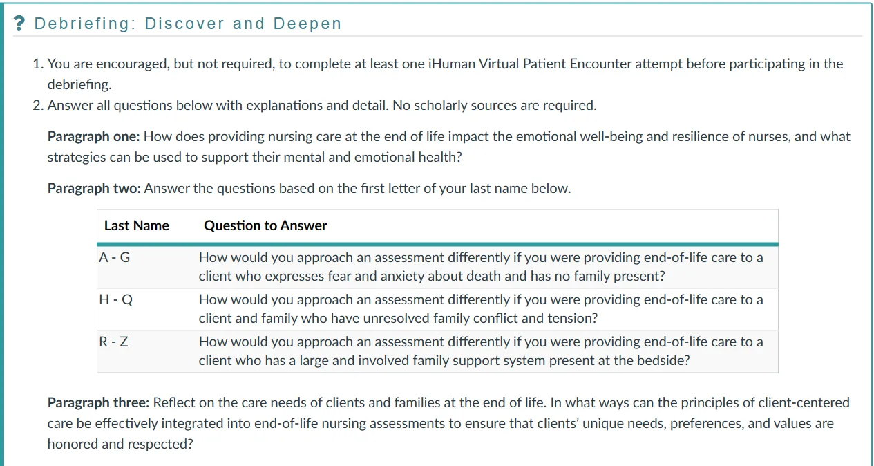 NR305 Week 7 Discussion: Anthony James iHuman Virtual Patient Encounter Debriefing