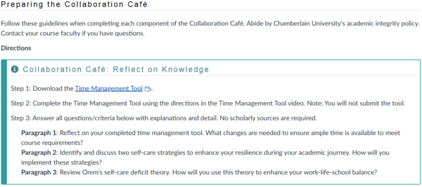 NR351 Week 1 Collaboration Café: Time Management as an Online Student