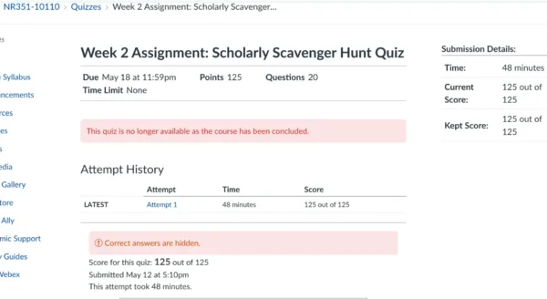 NR351 Week 2 Assignment: Scholarly Scavenger Hunt Quiz