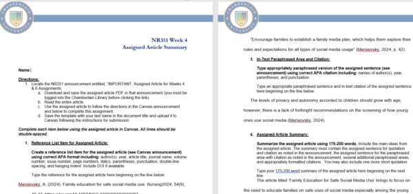 NR351 Week 4 Assignment: Assigned Article Summary