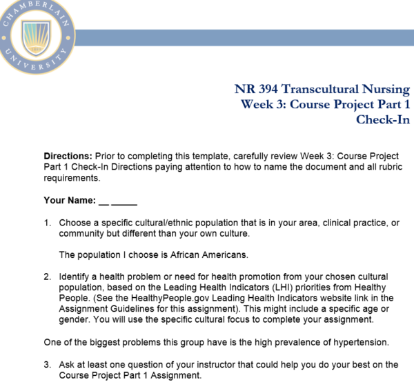 NR394 Week 3 Assignment: Check-In Course Project Part 1