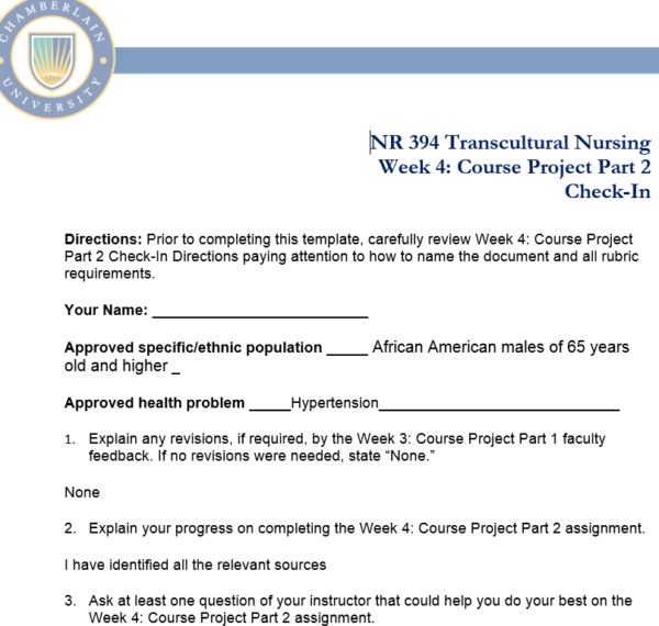 NR394 Week 4 Assignment: Check-In: Course Project Part 2