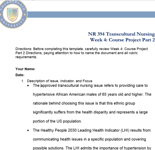 NR394 Week 4 Assignment: Course Project Part 2 Research