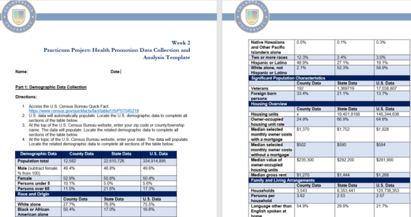 NR436 Week 2 Practicum Project Assignment: Health Promotion Data Collection and Analysis