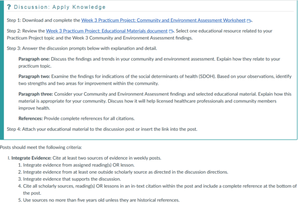 NR436 Week 3 Practicum Project Discussion: Community and Environment Assessment