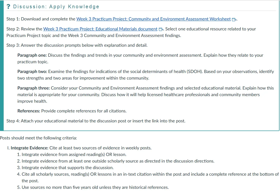 NR436 Week 3 Practicum Project Discussion: Community and Environment Assessment