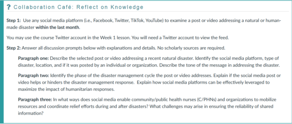 NR436 Week 6 Collaboration Café: Social Media and Disaster Management