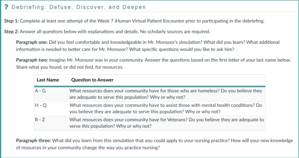 NR436 Week 7 Discussion: iHuman Virtual Patient Encounter Debriefing