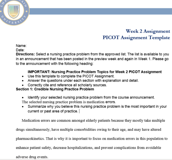 NR439 Week 2 Assignment: PICOT Question