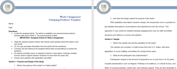 NR439 Week 5: Critiquing Evidence Assignment