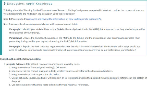 NR439 Week 7 Discussion: Disseminating Research Findings and Translating it into Practice