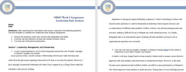 NR447 Week 2 Assignment: Leadership Style Analysis