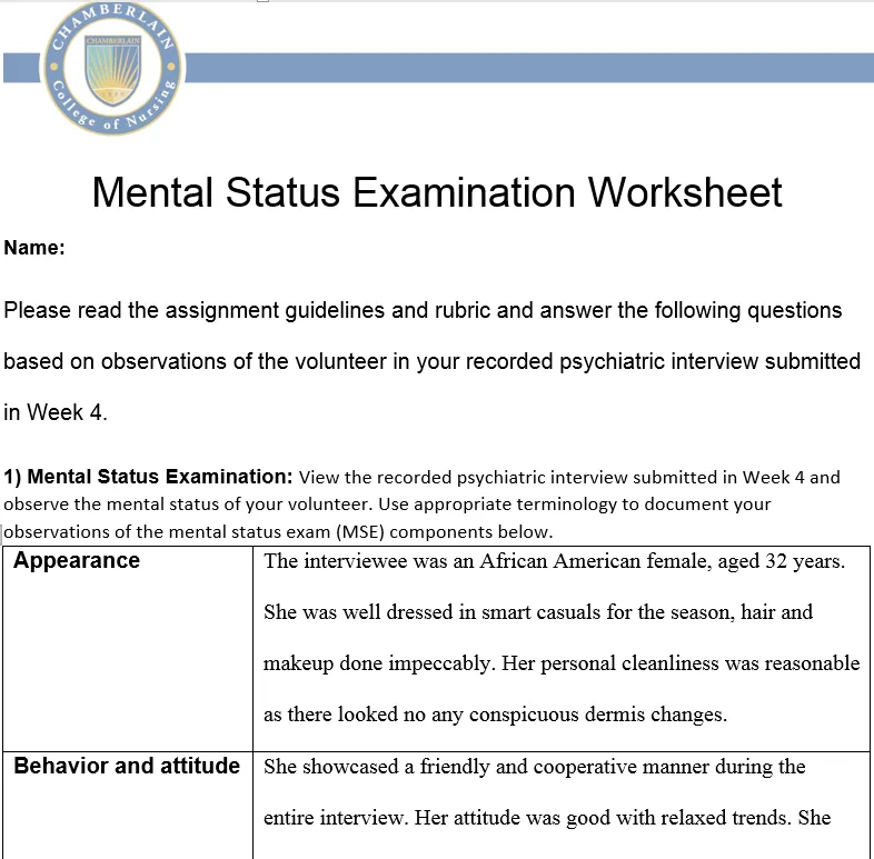 NR548 Week 5: Mental Status Exam Worksheet