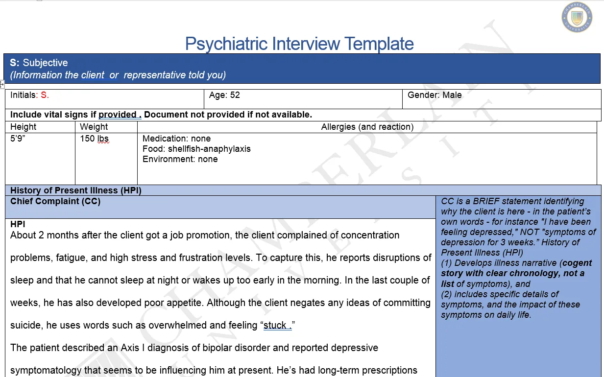 NR548 Week 6: Psychiatric Interview Documentation Assignment