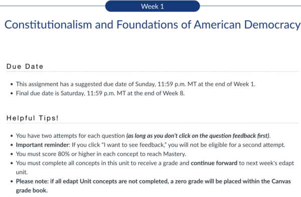 POLI330N Week 1 Edapt Assignment: Constitutionalism and Foundations of American Democracy