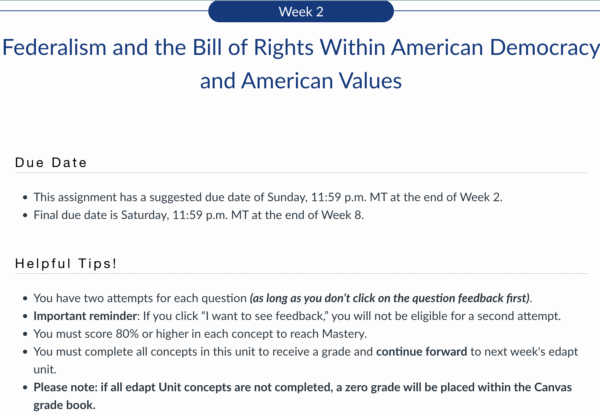 POLI330N Week 2 Edapt Assignment: Federalism and the Bill of Rights Within American Democracy and American Values