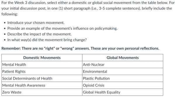 POLI330N Week 3 Discussion: The Impact of Social Movements on Laws and Policies