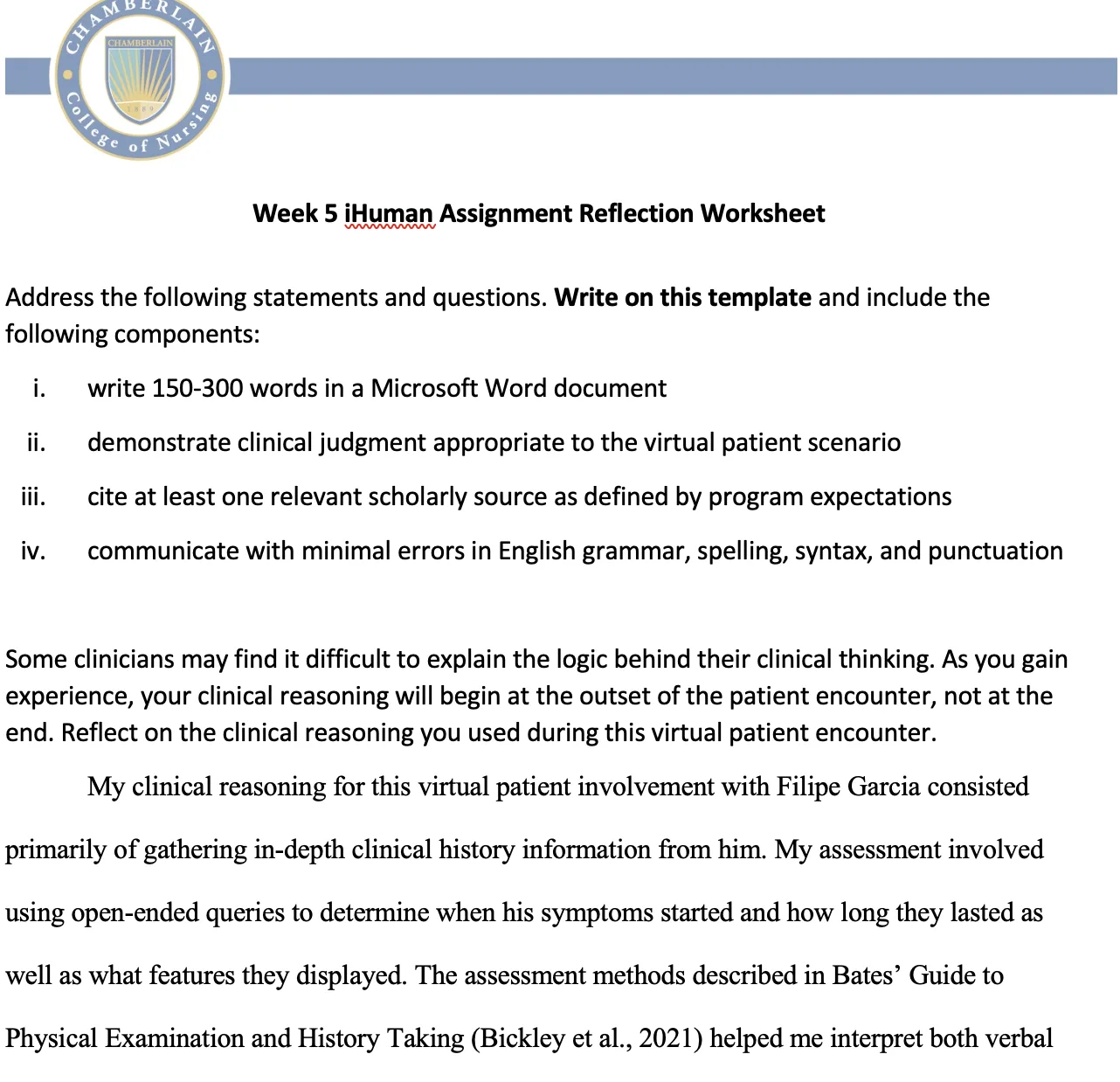 NR509 Week 5 i-Human Virtual Patient Encounter