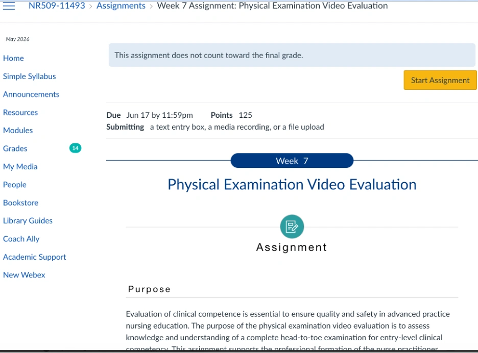 NR509 Week 7 Assignment: Physical Examination Video Evaluation
